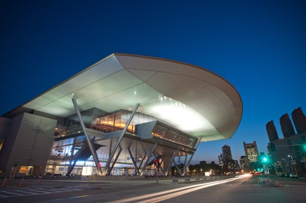 boston convention and exhibition center at night in Boston seaport district