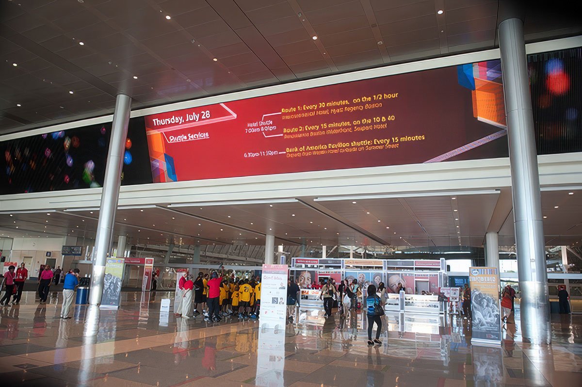 Corporate event signage inside a Boston Convention and Event Center with attendees gathered.