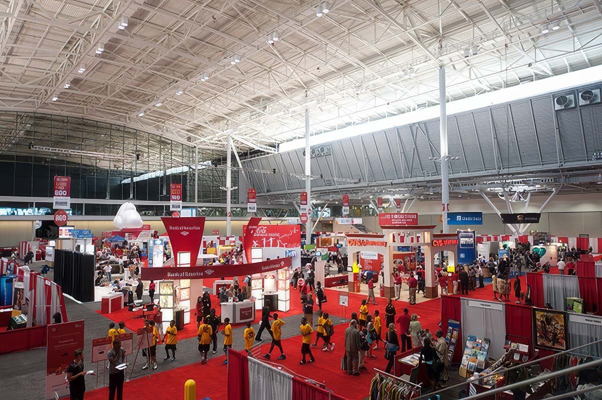 Corporate event photography in Boston showcasing a busy exhibition hall with attendees and vendor booths.